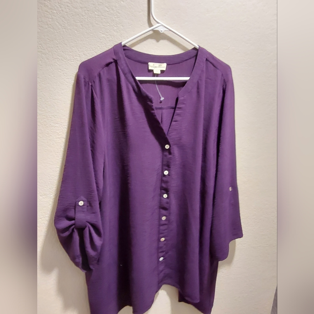 Indigo Purple Buttoned Blouse with Mandarin Collar